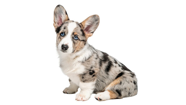 Cute small merle corgi puppy sitting looking alert isolated on transparent background