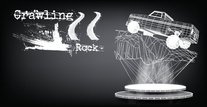 Crawling Rock displayed with a truck model above a platform in a digital style at an exhibition