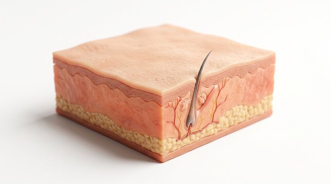 Human skin block model showing the layered strata of the skin