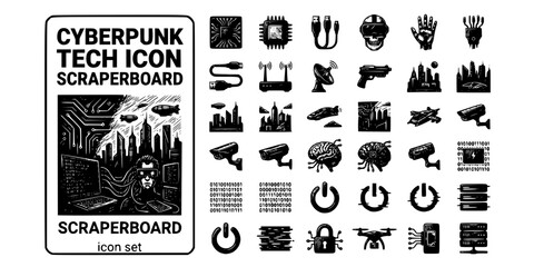 Fototapeta premium Cyberpunk Tech Icon Scraperboard Black White-Neon Circuit Hacker Terminal Dark-Dystopian Vector-Cyber Icon Scraperboard-Technology Design Set