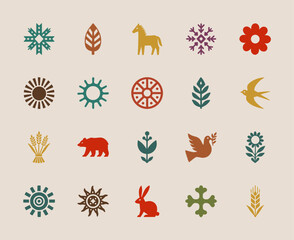 Fototapeta premium Scandinavian Folk Art Icon Set, Flat Vector Nature and Animal Symbols Collection