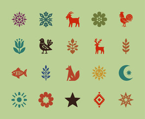 Fototapeta premium Scandinavian Folk Art Icon Set, Flat Vector Nature and Animal Symbols Collection