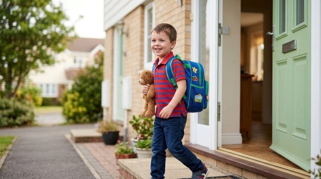 A happy young boy wearing a backpack and holding a beloved teddy bear as he walks through an open front door of his home, setting off for school with excitement and confidence.