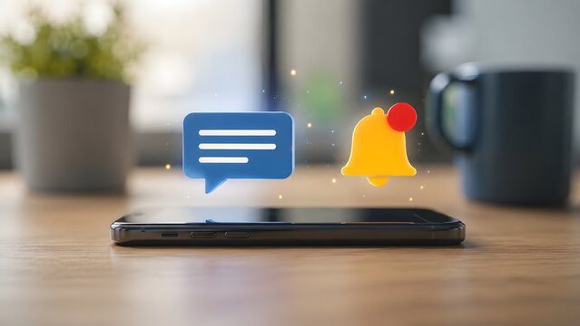 Smartphone push notification alert concept showing 3D floating chat bubble and reminder bell icons over mobile phone on office desk