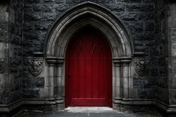 Obraz premium The Red Door Under a Gothic Stone Archway in a Weathered Castle Entrance