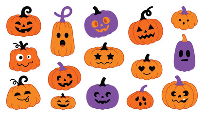 Obraz premium Collection of playful cartoon Halloween pumpkins with carved faces for festive decoration
