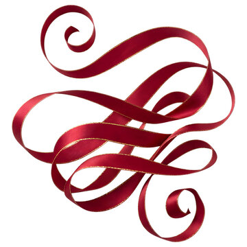 Elegant red satin ribbon scroll with gold trim on transparent background