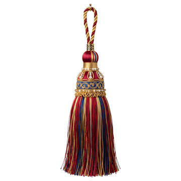 Luxury ornate curtain tassel tieback with red, blue, and gold threads