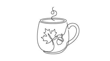 Minimalist continuous line art coffee mug, autumn maple leaf and acorn cup illustration, cozy fall beverage vector graphic isolated on White Background © Ali