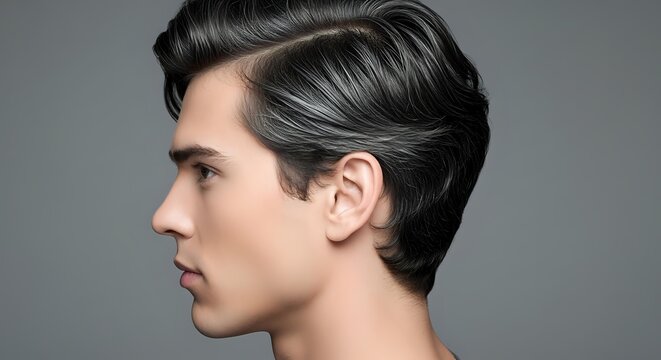Young man with dark hair styled in a classic pompadour cut, shown in profile against neutral gray background. Suitable for grooming, barbershop, men's fashion, and hair care marketing materials.