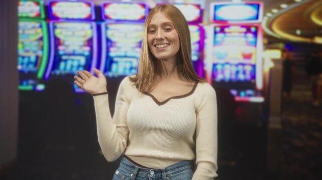 Redhead woman smiling, palm up gesture toward a row of slot machines in a casino building; playful confidence entertainment.