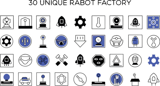 Industrial robot factory and smart manufacturing icon set for automation engineering artificial intelligence technology production