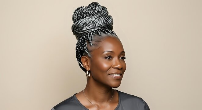 Smiling African American woman with gray braided updo hairstyle wearing black shirt against neutral beige background, representing mature beauty and natural hair styling.