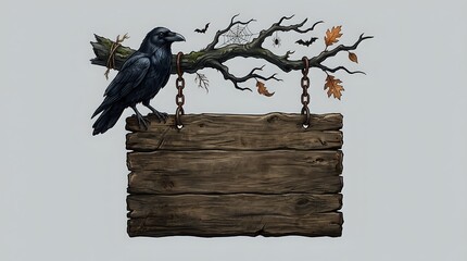 Naklejka premium Dark crow perched on gnarled branch above rustic wooden sign with hanging chains, isolated on neutral background for design projects.