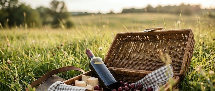 Wicker picnic basket with wine bottle, bread, and checkered cloth on sunny green grass field for outdoor dining and leisure activities.