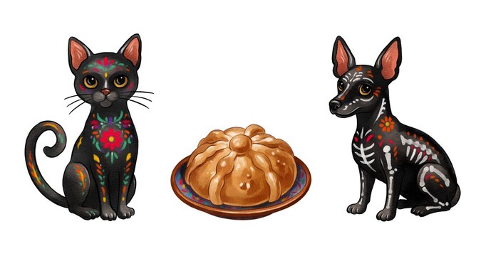 Day of the Dead Black Cat, Pan de Muerto and Xolo Dog Watercolor Clipart Set