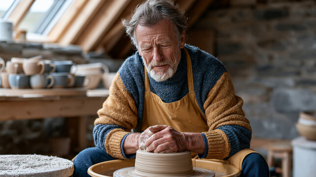 Retiree potter at kick wheel in rural studio shapes cylinder of wet clay with focused hands, bat of finished mugs drying on shelf behind, wedging board dusted with grog, high