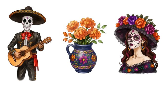 Day of the Dead Mariachi Skeleton Playing Guitar Watercolor Illustration