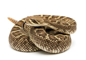 Naklejka premium Western Diamondback Rattlesnake Coiled and Flicking Tongue Isolated on White Background