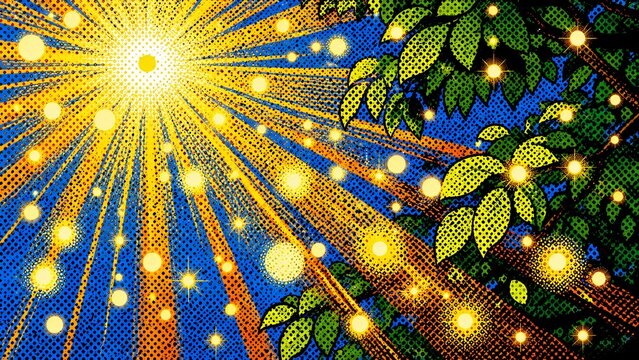 夏の森、葉の間から差し込む眩しい太陽の光と輝く粒子が描かれたドット絵