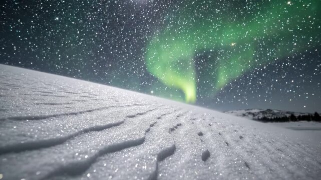 Snowy landscape under a starry sky with vibrant green aurora borealis illuminating the night, showcasing textured snow patterns and distant mountain silhouettes