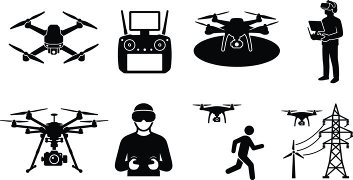 Drone and quadcopter silhouette icon set featuring remote control pilot vr goggles surveillance and industrial inspection concepts