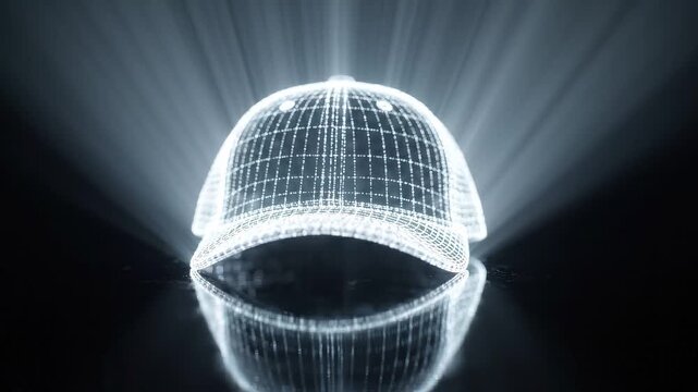 3D wireframe baseball cap illuminated by beams of light, showcasing intricate design details and reflections on a dark surface in a visually striking setting