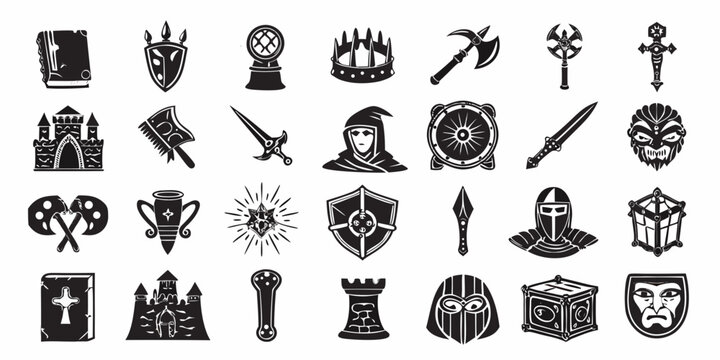 Fantasy Rpg Icons Monochrome Silhouettes On White Background