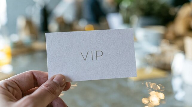 Elegent photo of A hand holding a textured white card with VIP text against a blurred background. This represents luxury, exclusive access, and membership status.