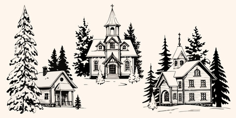 Winter village illustrations sketched monochrome buildings and coniferous trees © NaderAli