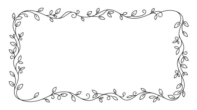Elegant floral border with hand drawn vine leaves, decorative botanical frame for wedding invitations, minimalist black line art vector illustration isolated on White Background