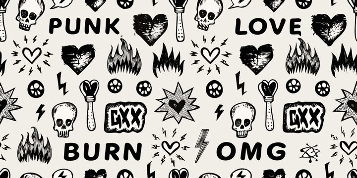 Punk rock sticker pattern element with skulls hearts and lightning bolts