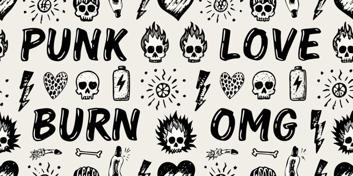 Punk rock floral ornament and skull pattern with handwritten typography