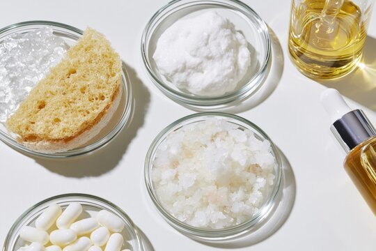 The Spa Ingredient Collection Arranged in Glass Bowls with Oil and Salt
