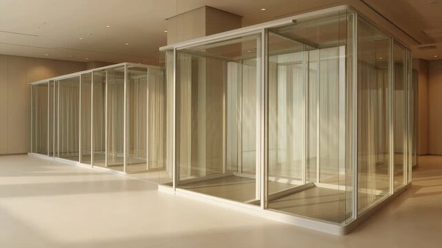 Modern office space featuring large glass cubicle structures with metal frames architecture interior structure room