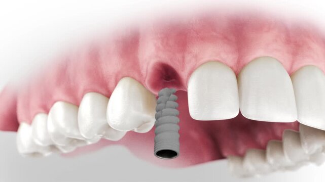 3D visualization of a dental implant with one-piece screw-retained crown placement.