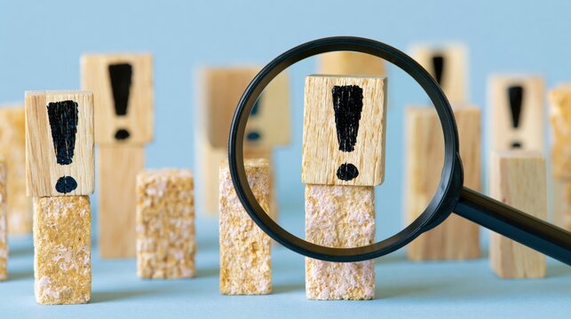 Elegent photo of A magnifying glass focuses on a wooden block with an exclamation mark. This conceptual image represents analysis, discovery, and finding the right solution.