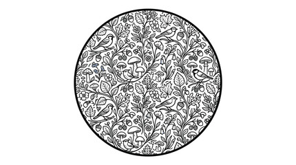 Intricate circular forest line art featuring birds, mushrooms, acorns, and autumn leaves. Detailed black and white nature illustration for coloring book pages or vector patterns. © Berkah