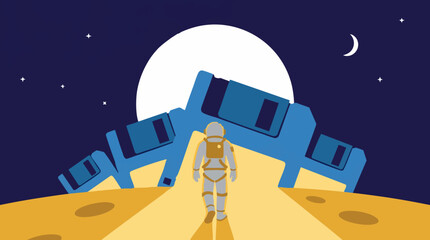 Astronaut walking on moon with giant floppy disk structure under starry sky © AIBA