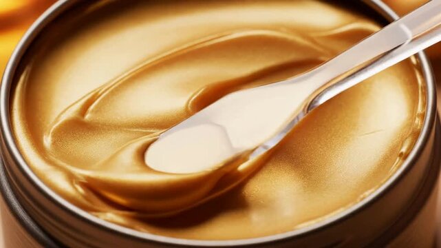 Smooth Golden Peanut Butter Close-Up in Jar with Spoon, Perfect for Culinary Use and Homemade Delights
