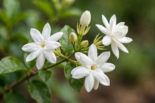 White Jasmine Flowers Blooming On Green Plant Close Up Natural