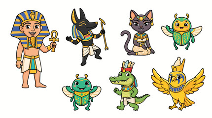 Fototapeta premium Cute Cartoon Egyptian Pharaoh Gods and Sacred Animals Collection Set