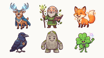 Obraz premium Cute Fantasy Forest Character Icons with Druid Fox Raven and Magic Deer