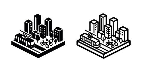 Obraz premium Isometric City Landscape with Tram and Bicycles Icons
