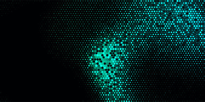 Abstract cyan and green halftone circle background. Modern digital dot pattern on black for futuristic technology banner design template.