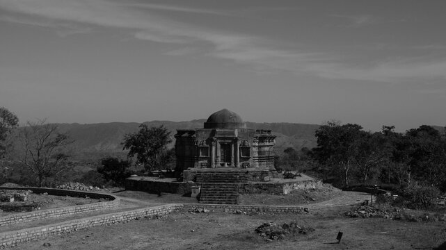 Ancient stone Jain temple with a round dome at the Kumbhalgarh Fort UNESCO site in Rajasthan, India