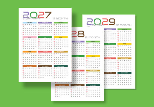 2027, 2028, 2029 Colorful Annual Wall Calendar Template