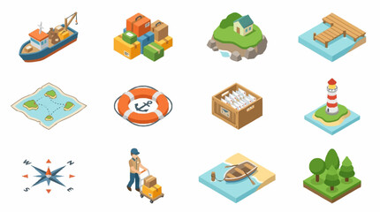 Colorful flat design icons for travel and transportation themes. © Noura