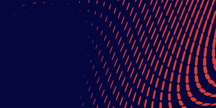 Modern neon red pulse wave on dark blue background. Abstract geometric halftone dot curve structure for futuristic technology wallpaper.