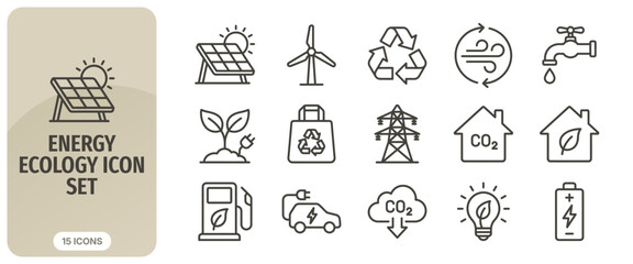 Fototapeta premium Energy and ecology line icon set, sustainable development and environment protection symbols, vector illustration